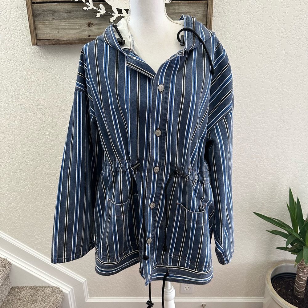 VTG Corniche 100% cotton denim striped hooded chore‎ jacket size Large